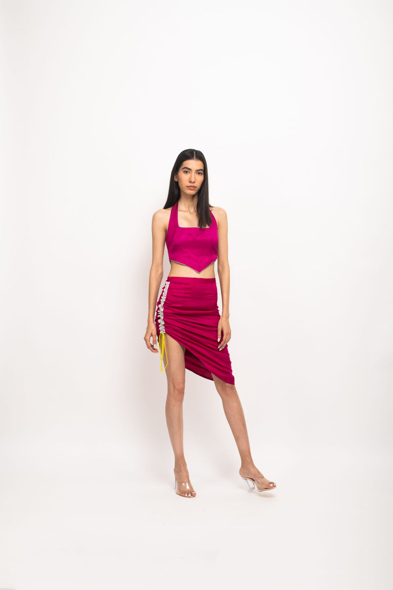 Neora by Nehal Chopra Bemberg Modal Silk Wine-Grey Halter Neck Skirt Set
