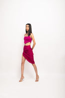 Neora by Nehal Chopra Bemberg Modal Silk Wine-Grey Halter Neck Skirt Set