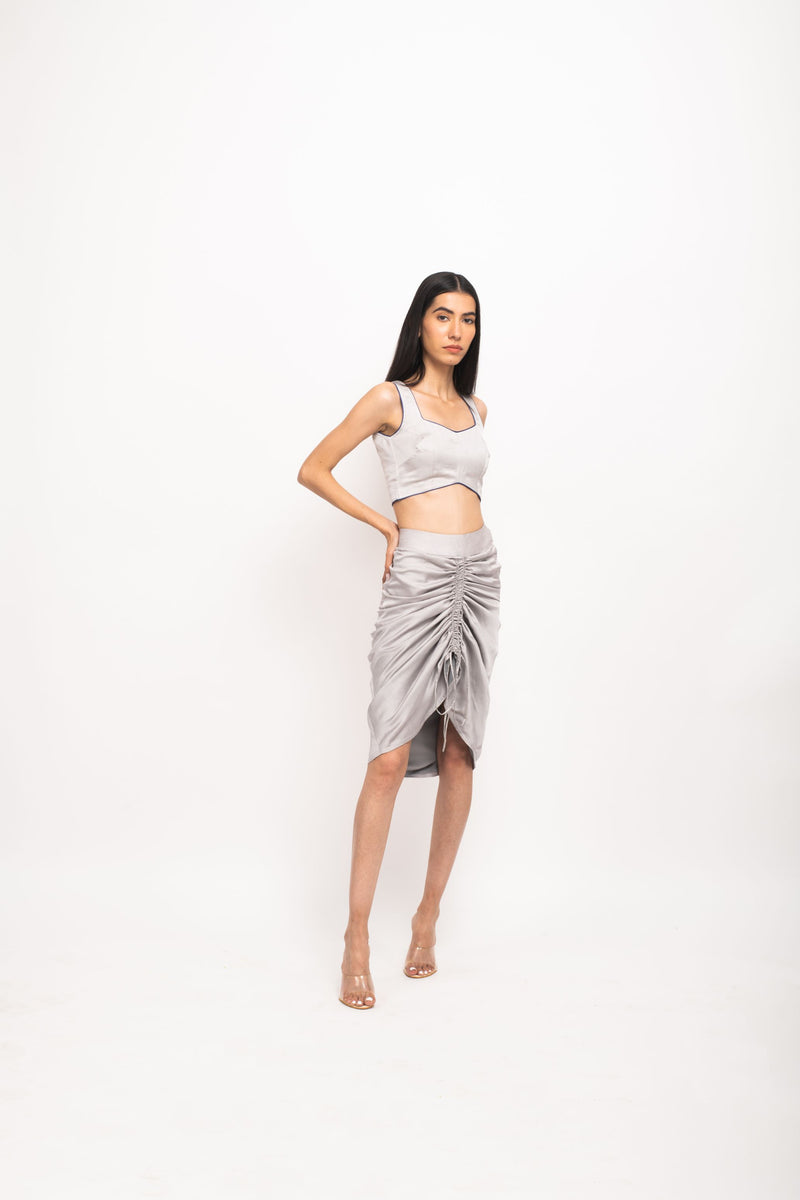 Neora by Nehal Chopra Bemberg Modal Silk Grey-Blue Bustier Skirt Set