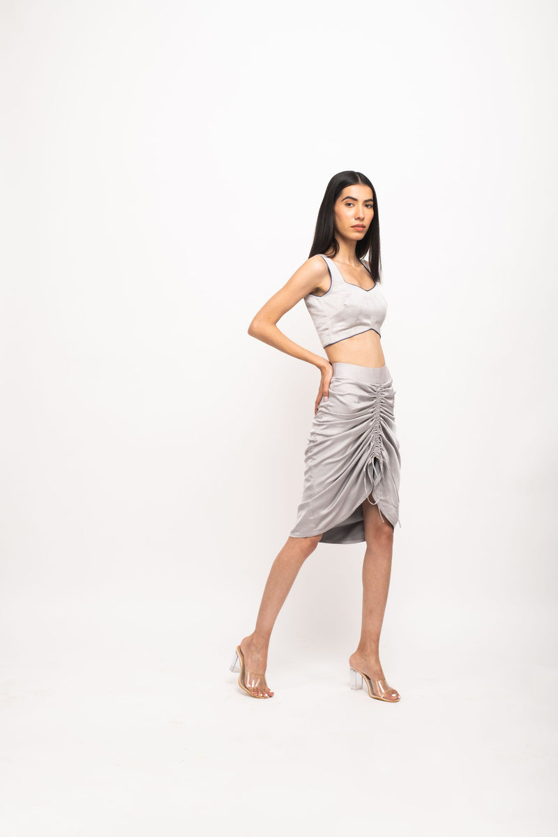 Neora by Nehal Chopra Bemberg Modal Silk Grey-Blue Bustier Skirt Set