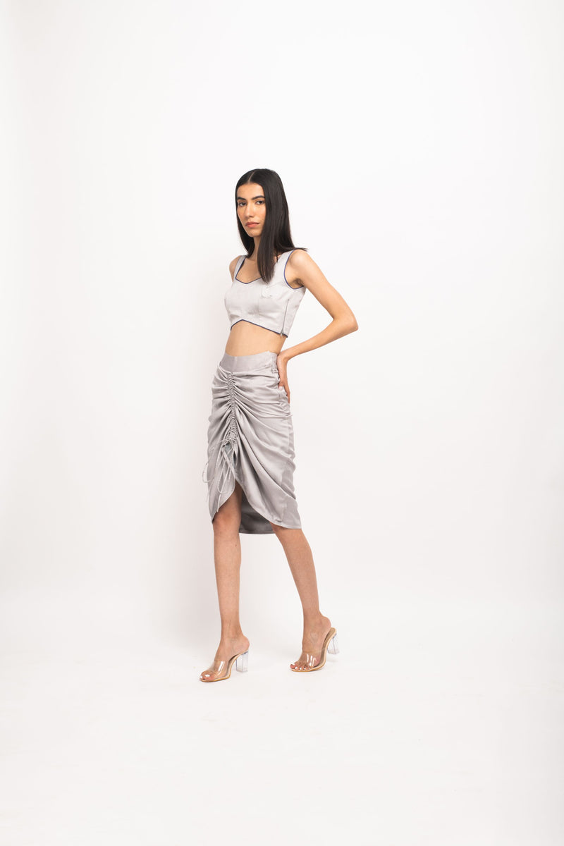 Neora by Nehal Chopra Bemberg Modal Silk Grey-Blue Bustier Skirt Set