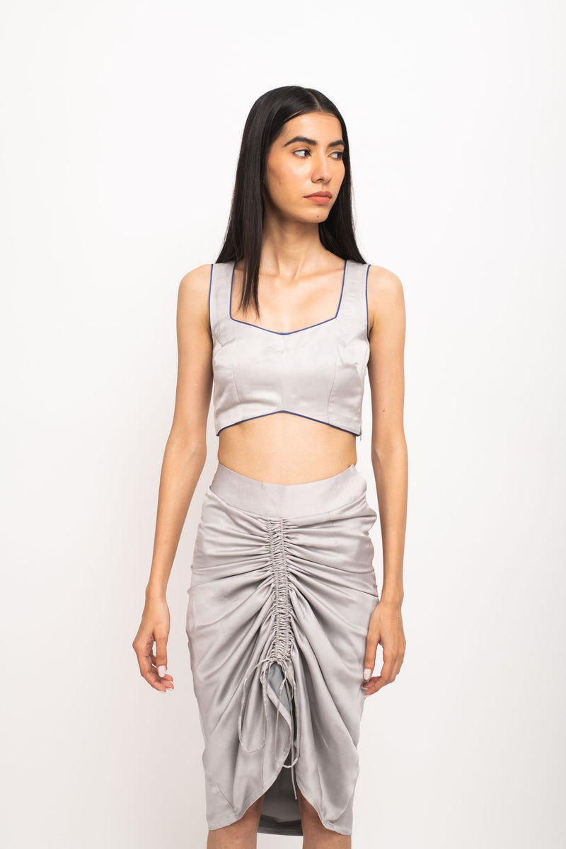 Neora by Nehal Chopra Bemberg Modal Silk Grey-Blue Bustier Skirt Set