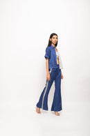 Neora by Nehal Chopra Bemberg Modal Silk Blue-Grey Half & Half Rouching Set