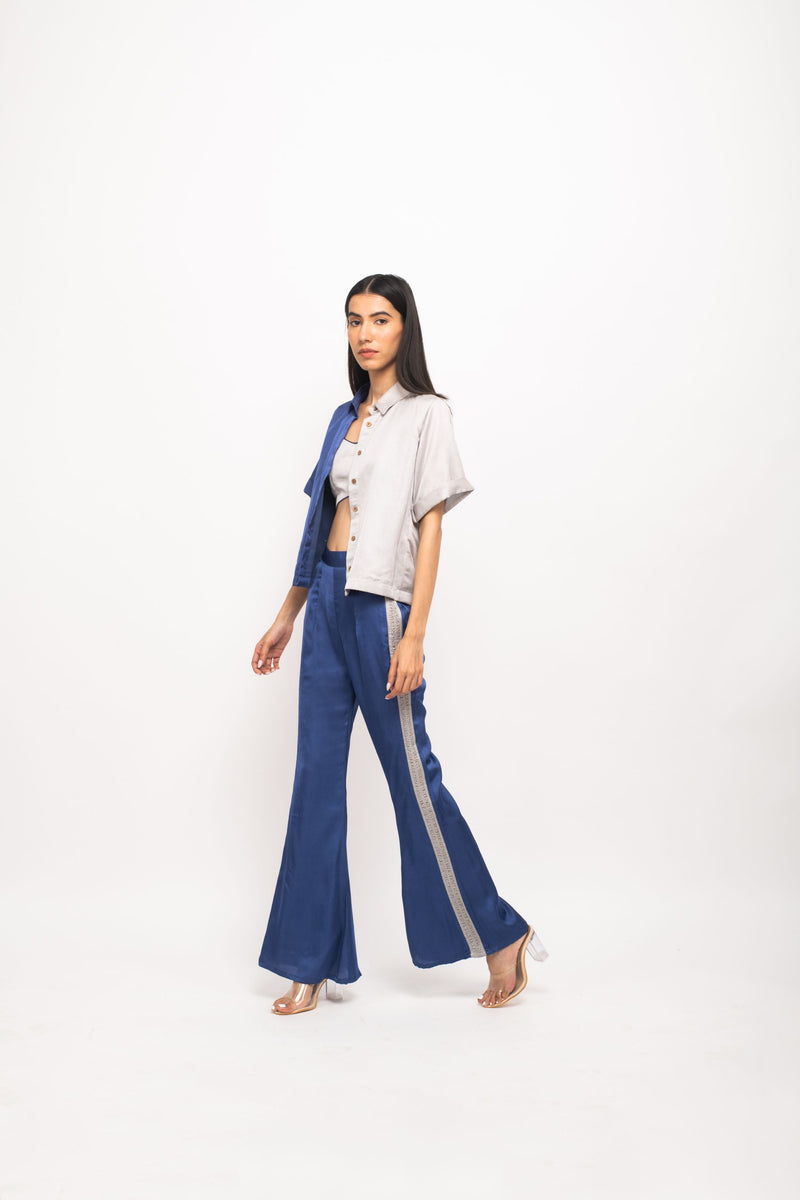 Neora by Nehal Chopra Bemberg Modal Silk Blue-Grey Half &Half Rouching Set