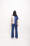 Neora by Nehal Chopra Bemberg Modal Silk Blue-Grey Half & Half Rouching Set