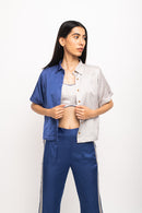 Neora by Nehal Chopra Bemberg Modal Silk Blue-Grey Half & Half Rouching Set