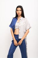 Neora by Nehal Chopra Bemberg Modal Silk Blue-Grey Half & Half Rouching Set