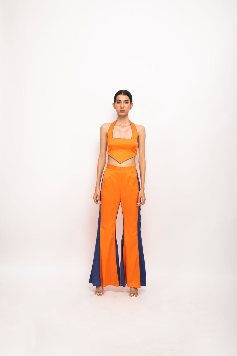 Neora by Nehal Chopra Bemberg Modal Silk Orange-Blue Halter Neck Set