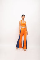 Neora by Nehal Chopra Bemberg Modal Silk Orange-Blue Halter Neck Set