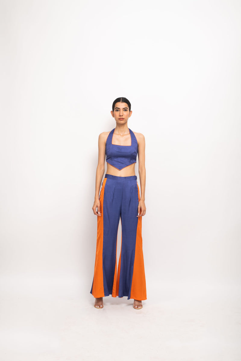 Neora by Nehal Chopra Bemberg Modal Silk Blue-Orange Halter Neck Co-ord Set