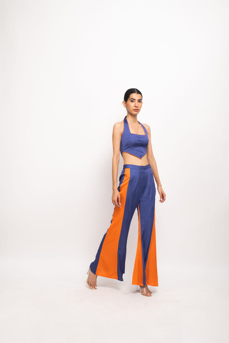 Neora by Nehal Chopra Bemberg Modal Silk Blue-Orange Halter Neck Co-ord Set