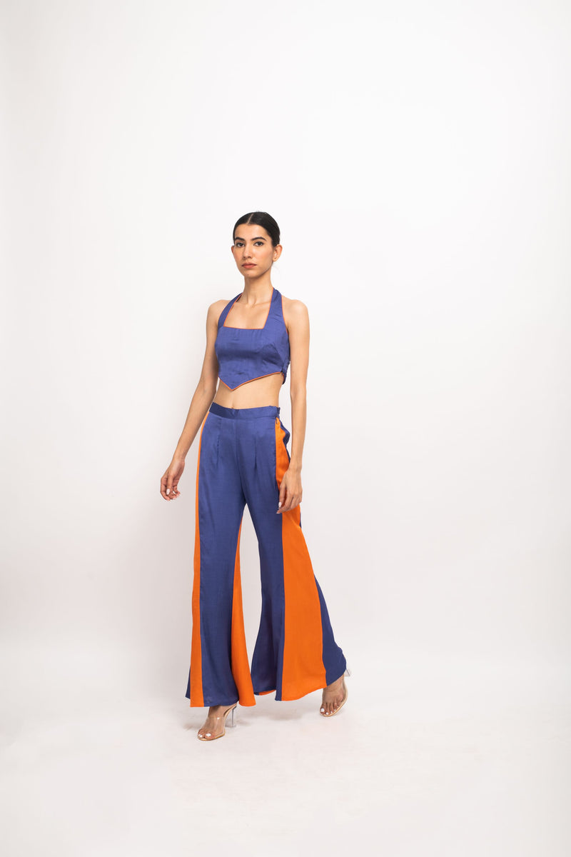 Neora by Nehal Chopra Bemberg Modal Silk Blue-Orange Halter Neck Co-ord Set