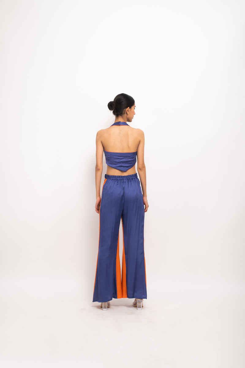 Neora by Nehal Chopra Bemberg Modal Silk Blue-Orange Halter Neck Co-ord Set