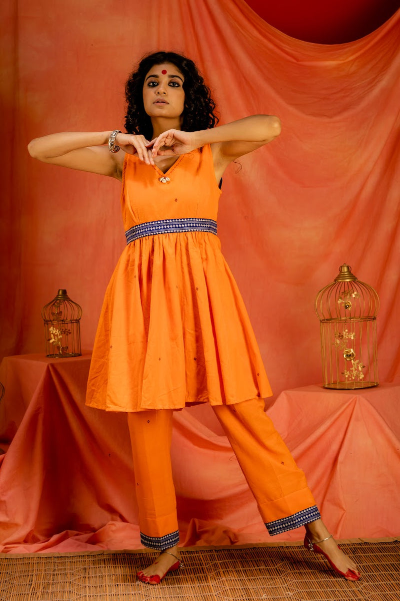 Saanjh- Kotpad Orange Straight Handloom Cotton pants with borders, Prathaa 