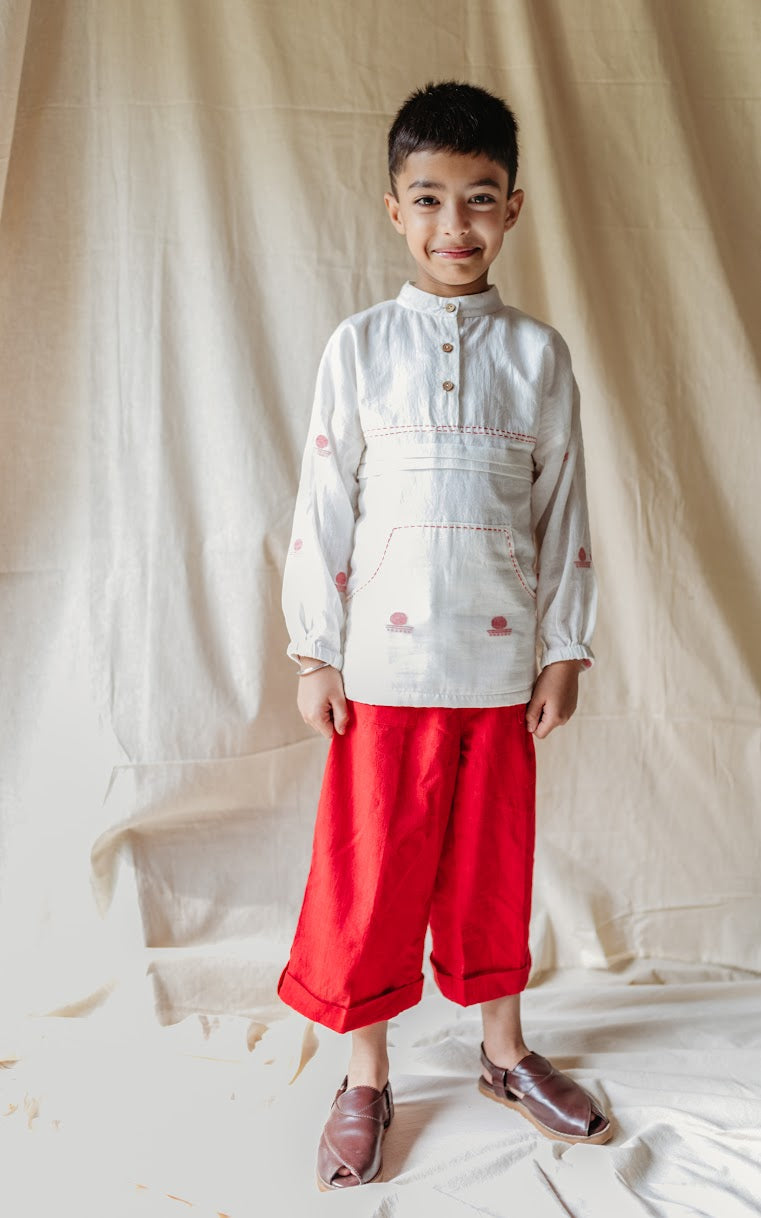 Prathaa Handloom Cotton Shvet Kids Jamdani Shirt And Pants Set