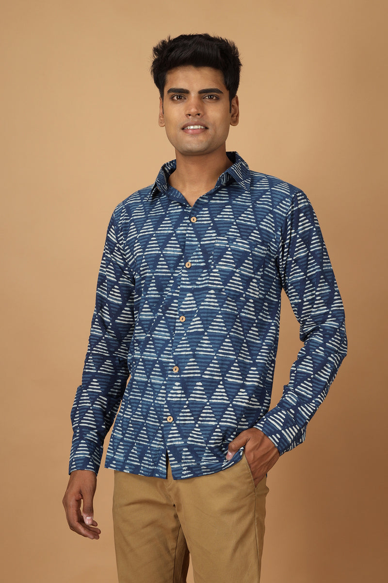 Tamaksh Men's Indigo Cotton Handblock Printed Dabu Shirt