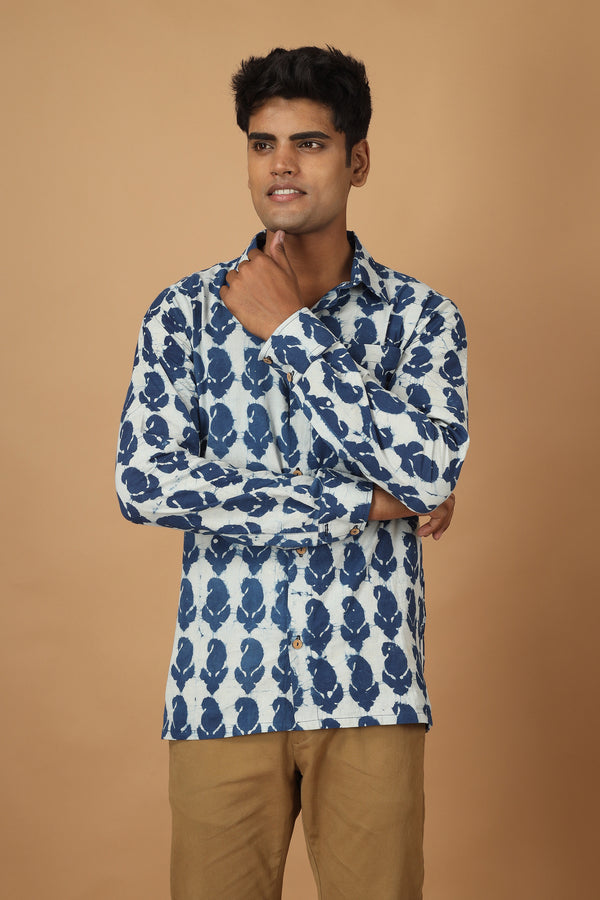 Tamaksh Men's Indigo Cotton Handblock Printed Dabu Shirt