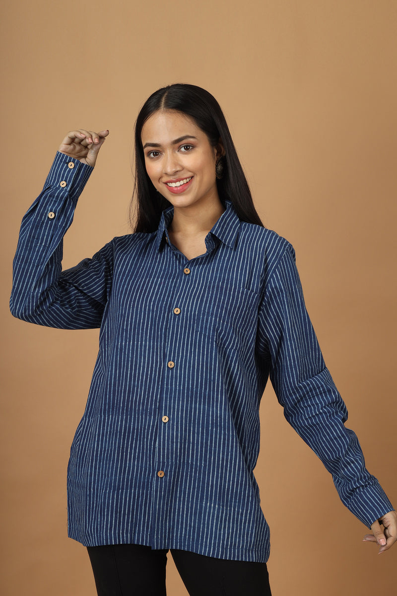 Tamaksh Women's Indigo Cotton Handblock Printed Dabu Shirt