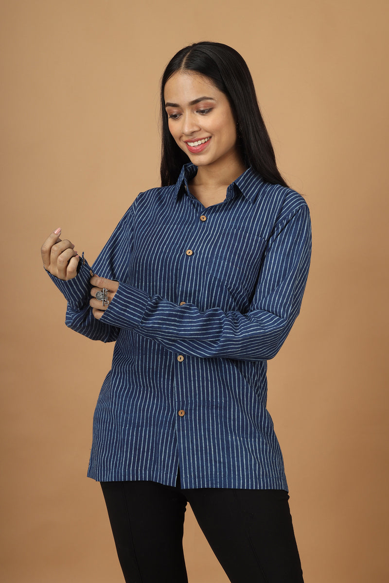 Tamaksh Women's Indigo Cotton Handblock Printed Dabu Shirt