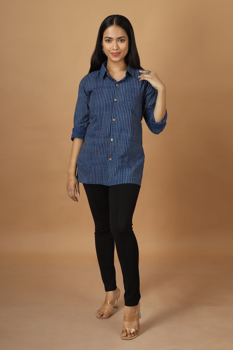 Tamaksh Women's Indigo Cotton Handblock Printed Dabu Shirt