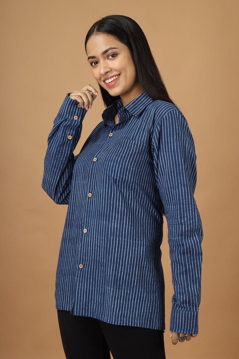 Tamaksh Women's Indigo Cotton Handblock Printed Dabu Shirt