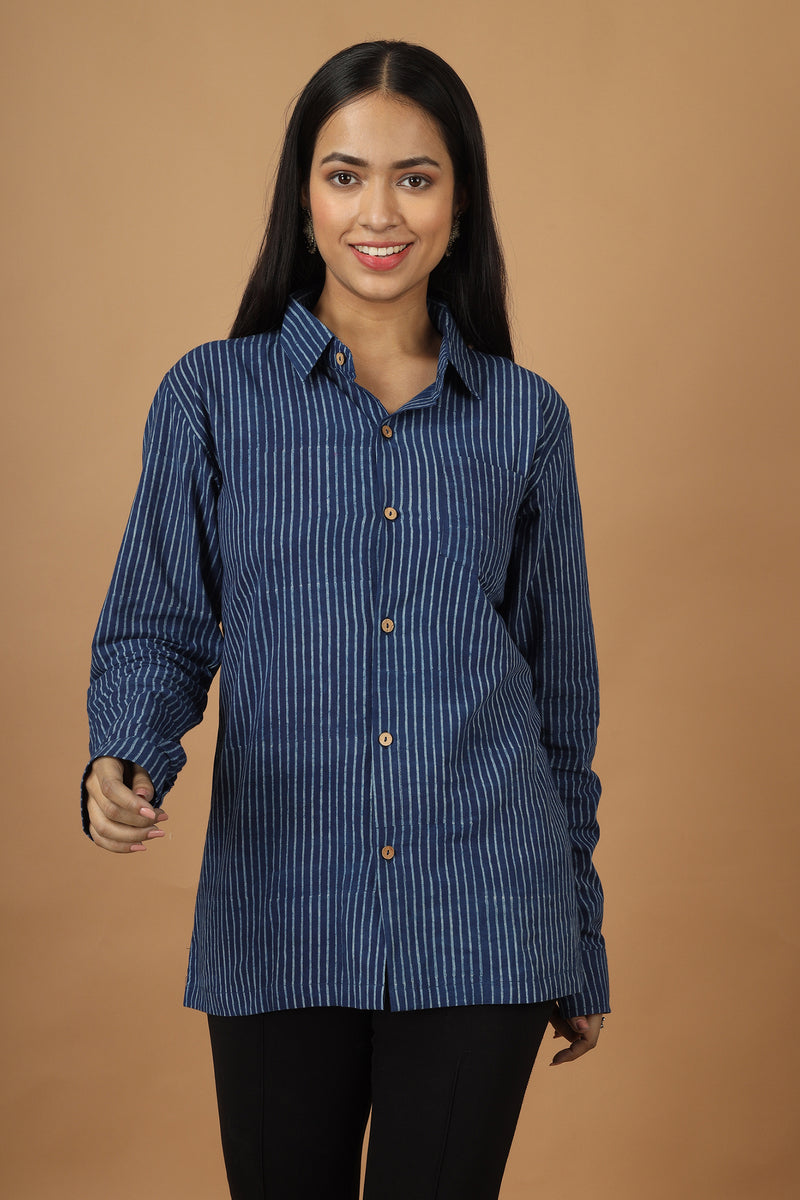 Tamaksh Women's Indigo Cotton Handblock Printed Dabu Shirt