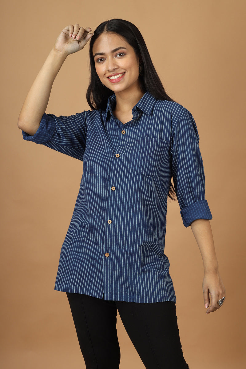 Tamaksh Women's Indigo Cotton Handblock Printed Dabu Shirt