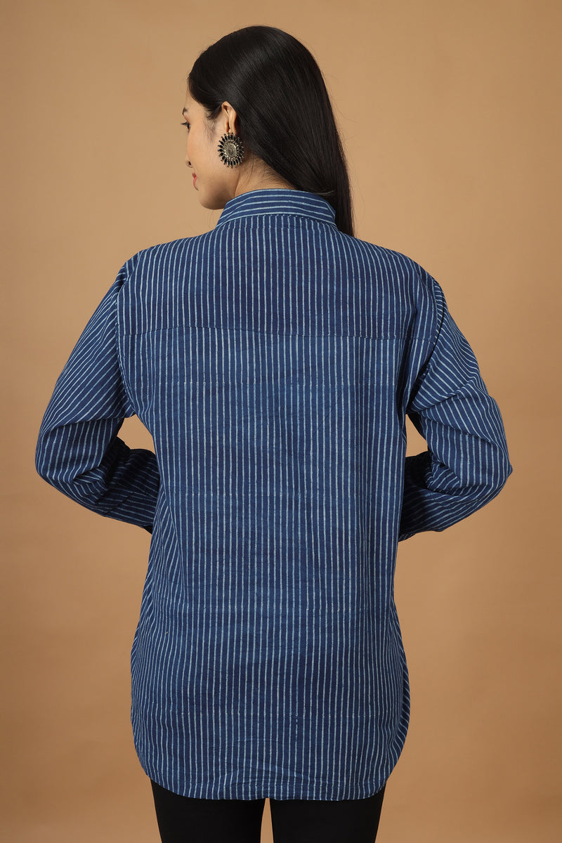 Tamaksh Women's Indigo Cotton Handblock Printed Dabu Shirt