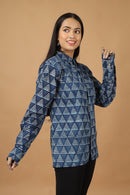 Tamaksh Women's Indigo Cotton Handblock Printed Dabu Shirt