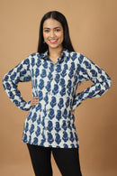 Tamaksh Women's Indigo Cotton Handblock Printed Dabu Shirt