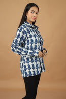 Tamaksh Women's Indigo Cotton Handblock Printed Dabu Shirt