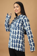 Tamaksh Women's Indigo Cotton Handblock Printed Dabu Shirt