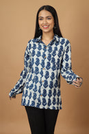Tamaksh Women's Indigo Cotton Handblock Printed Dabu Shirt