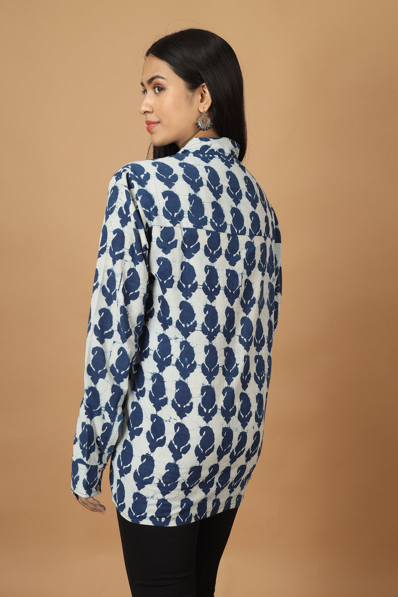 Tamaksh Women's Indigo Cotton Handblock Printed Dabu Shirt