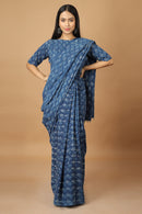Tamaksh Women's Indigo Cotton Handblock Printed Dabu Saree Co-ord Set