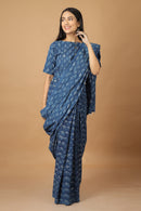 Tamaksh Women's Indigo Cotton Handblock Printed Dabu Saree Co-ord Set