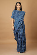 Tamaksh Women's Indigo Cotton Handblock Printed Dabu Saree Co-ord Set
