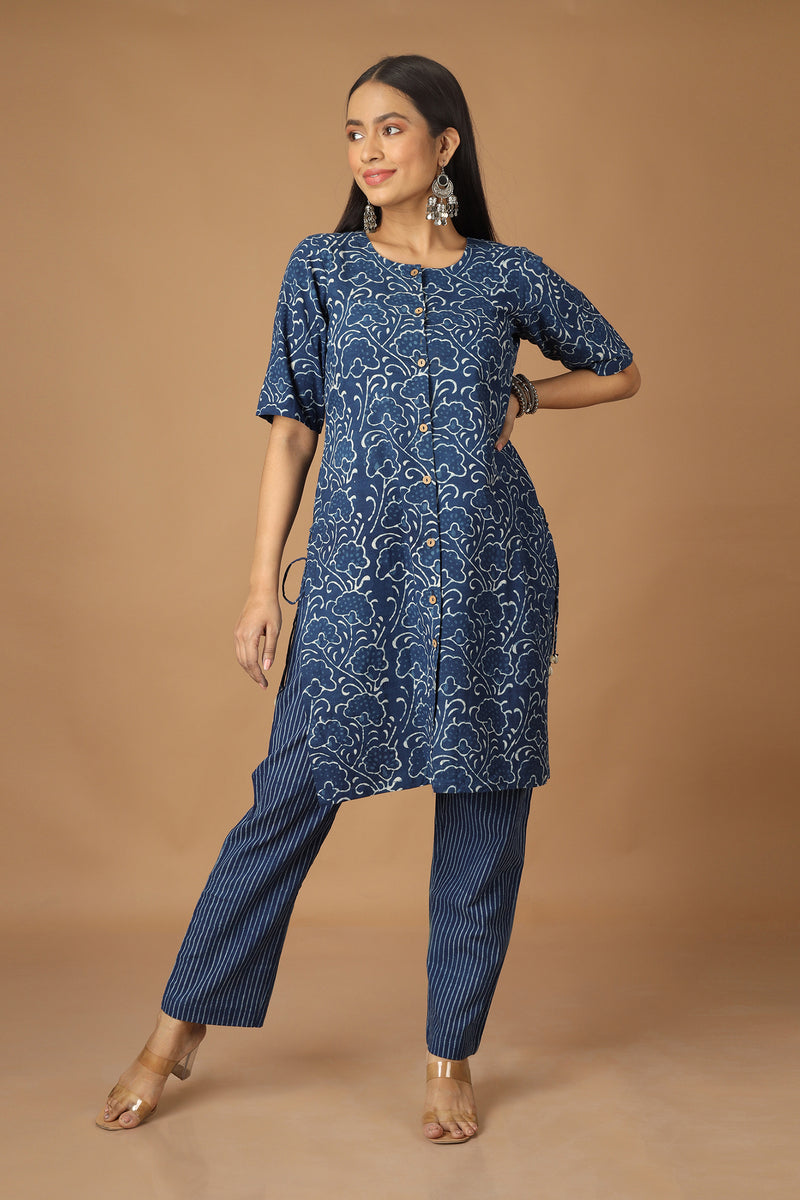 Tamaksh Women's Indigo Cotton Handblock Printed Dabu Kurta Co-ord Set