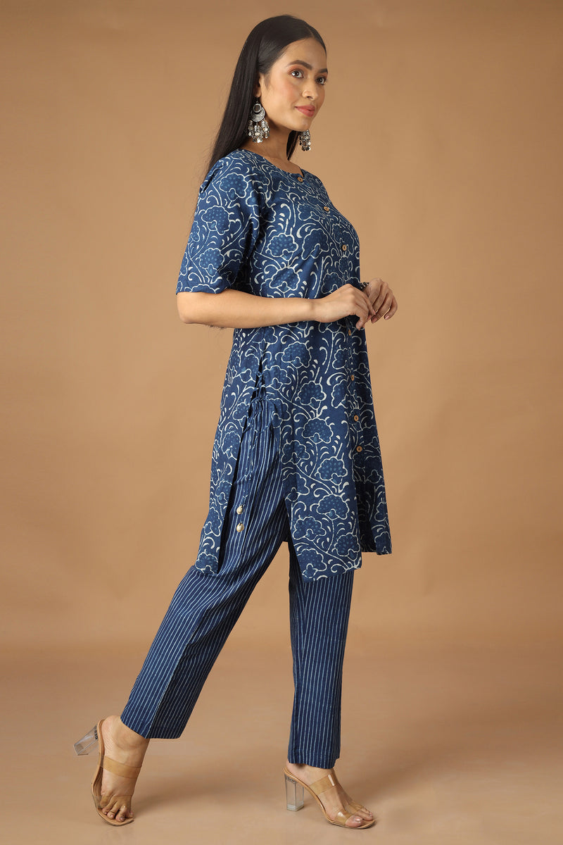 Tamaksh Women's Indigo Cotton Handblock Printed Dabu Kurta Co-ord Set