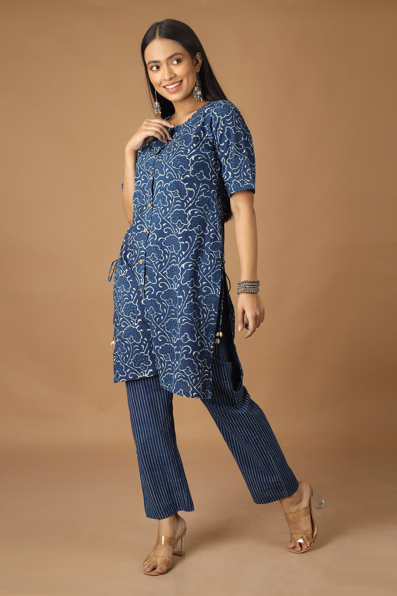 Tamaksh Women's Indigo Cotton Handblock Printed Dabu Kurta Co-ord Set