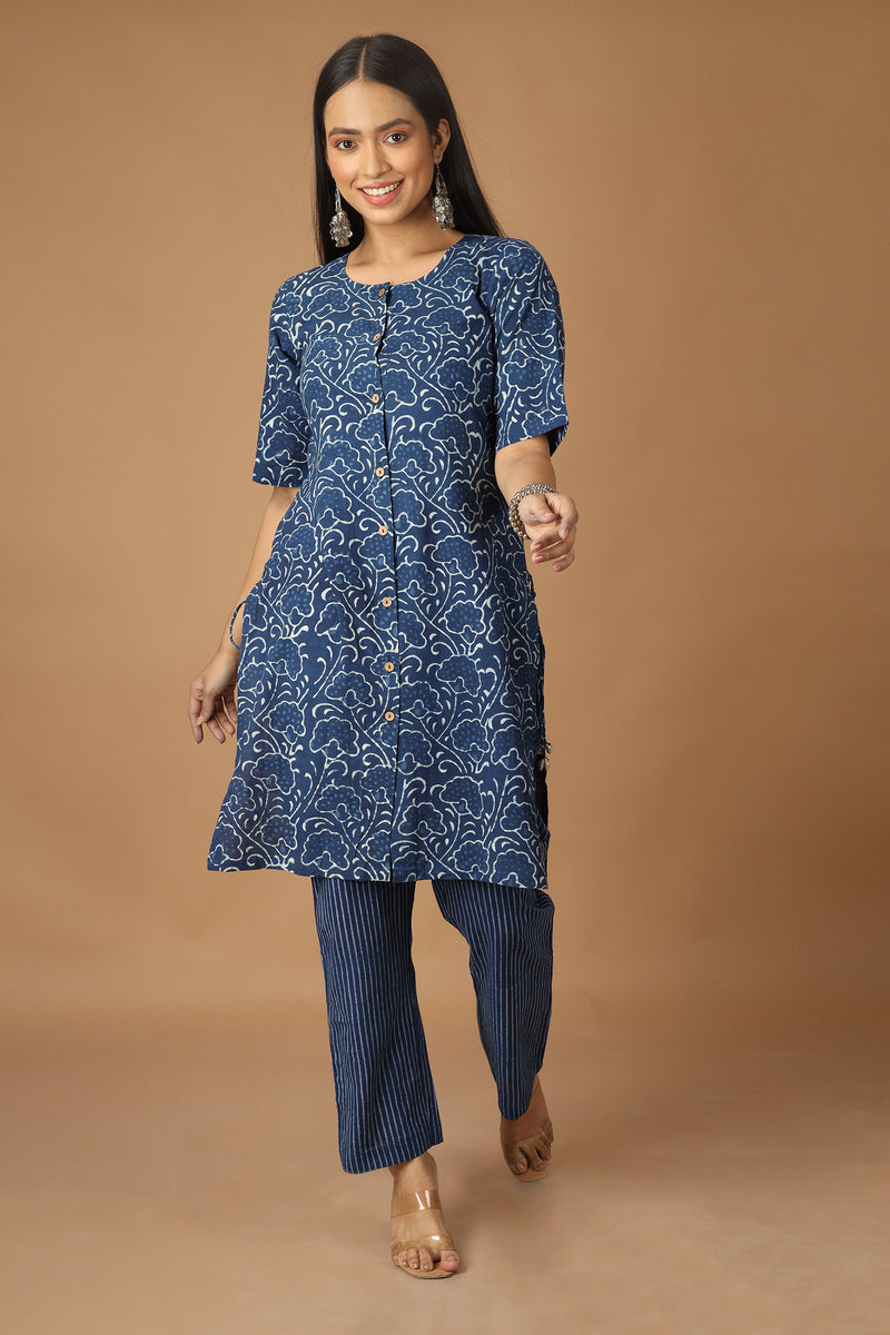 Tamaksh Women's Indigo Cotton Handblock Printed Dabu Kurta Co-ord Set