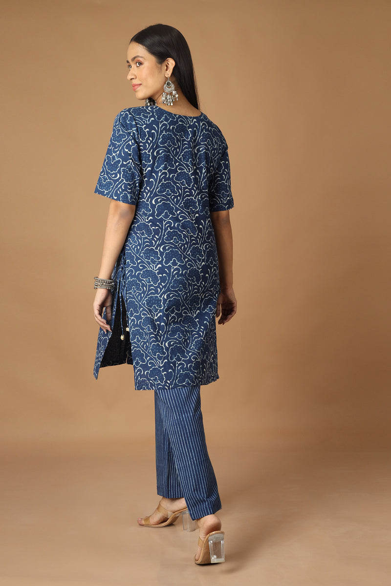 Tamaksh Women's Indigo Cotton Handblock Printed Dabu Kurta Co-ord Set