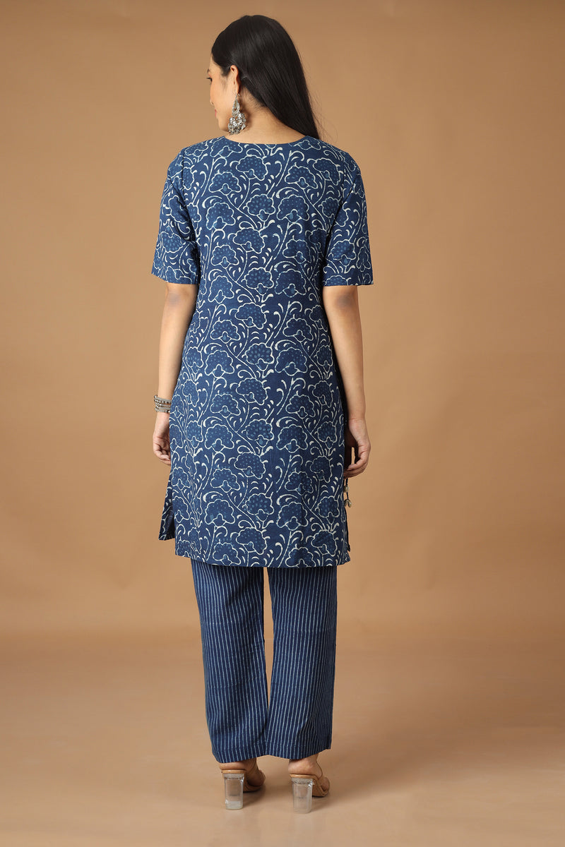 Tamaksh Women's Indigo Cotton Handblock Printed Dabu Kurta Co-ord Set