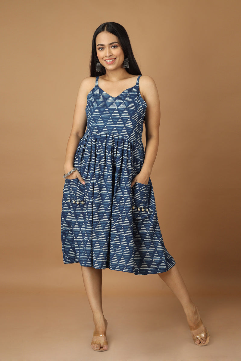 Tamaksh Women's Indigo Cotton Handblock Printed Dabu Dress