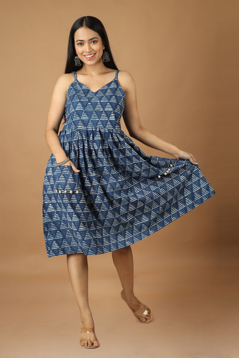 Tamaksh Women's Indigo Cotton Handblock Printed Dabu Dress