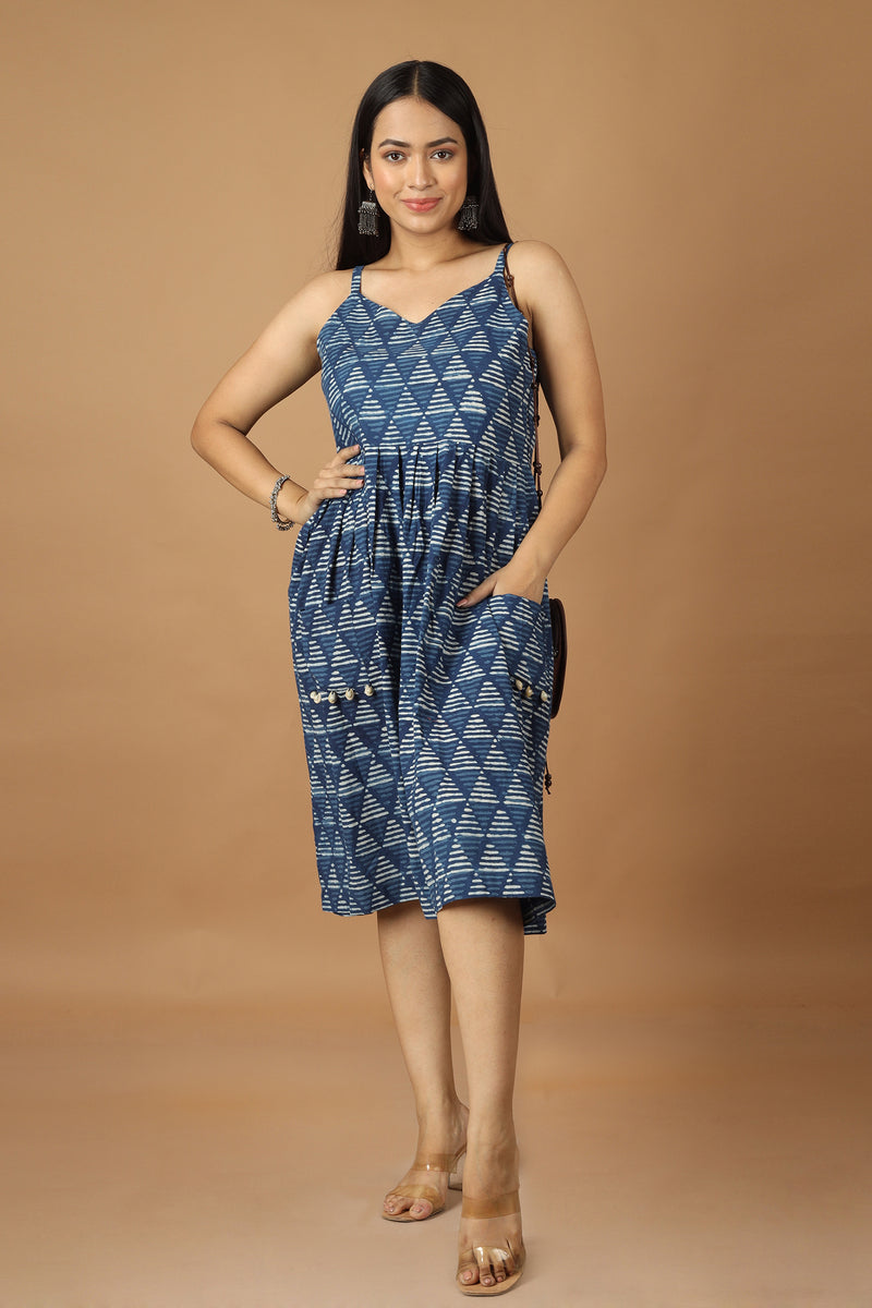 Tamaksh Women's Indigo Cotton Handblock Printed Dabu Dress