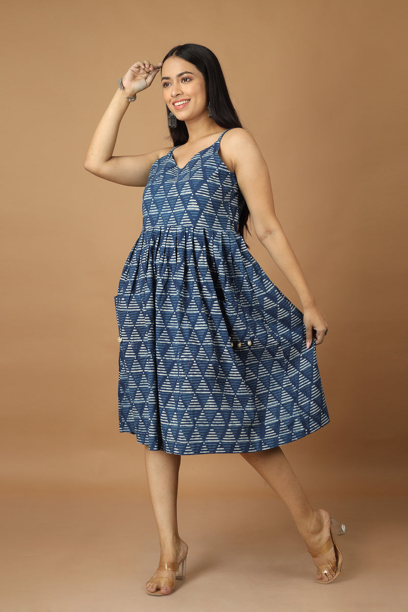 Tamaksh Women's Indigo Cotton Handblock Printed Dabu Dress