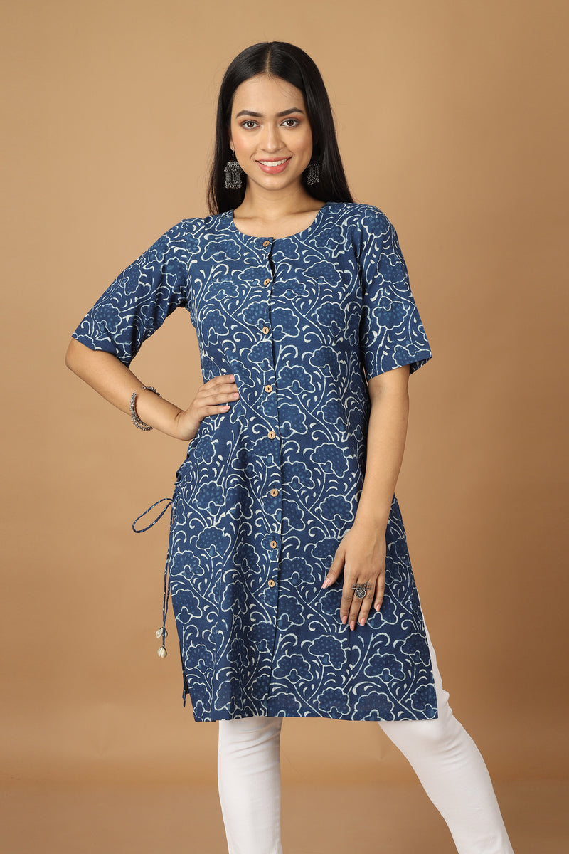 Tamaksh Women's Indigo Cotton Handblock Printed Dabu Kurta