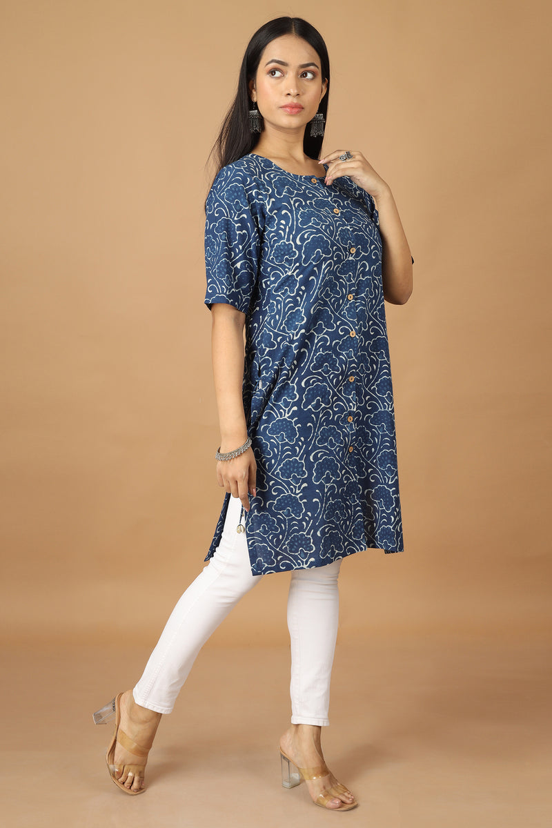 Tamaksh Women's Indigo Cotton Handblock Printed Dabu Kurta