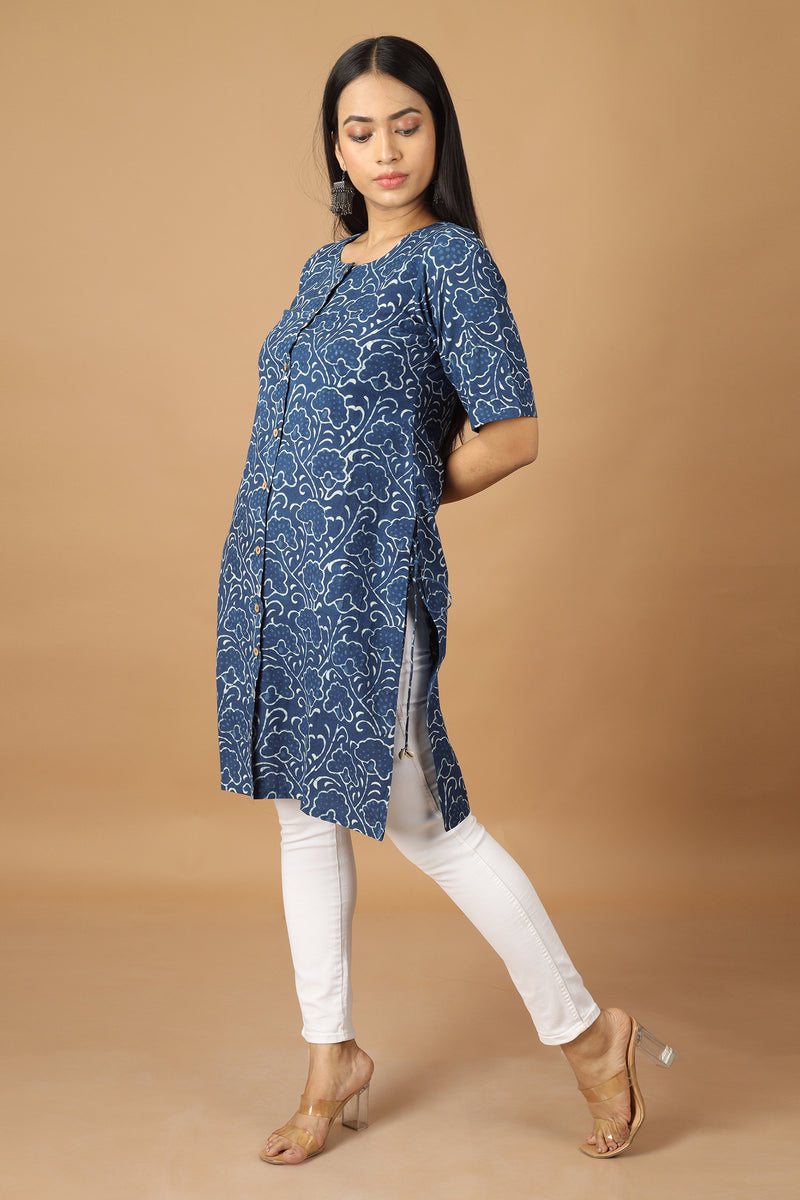 Tamaksh Women's Indigo Cotton Handblock Printed Dabu Kurta